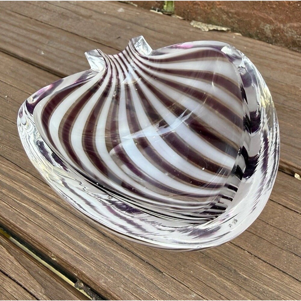 Vintage MCM Art Glass Candy Dish Purple White Swirl 1950s Decor